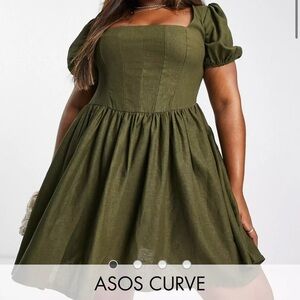 NWT ASOS Curve corset linen mini skater dress with puff sleeve in khaki, size 20